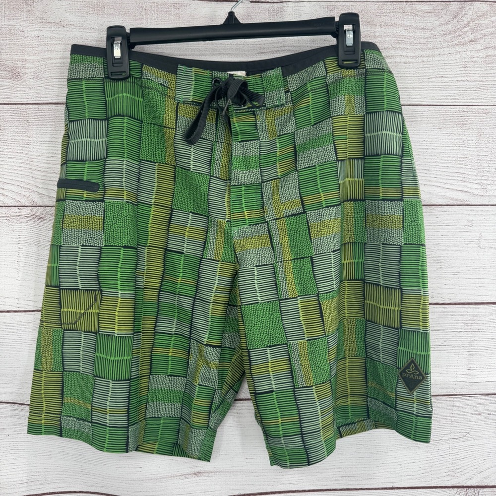 Prana Hybrid Board Shorts UPF 50+ Swim Trunks Green Geometric Mens Size‎ 32